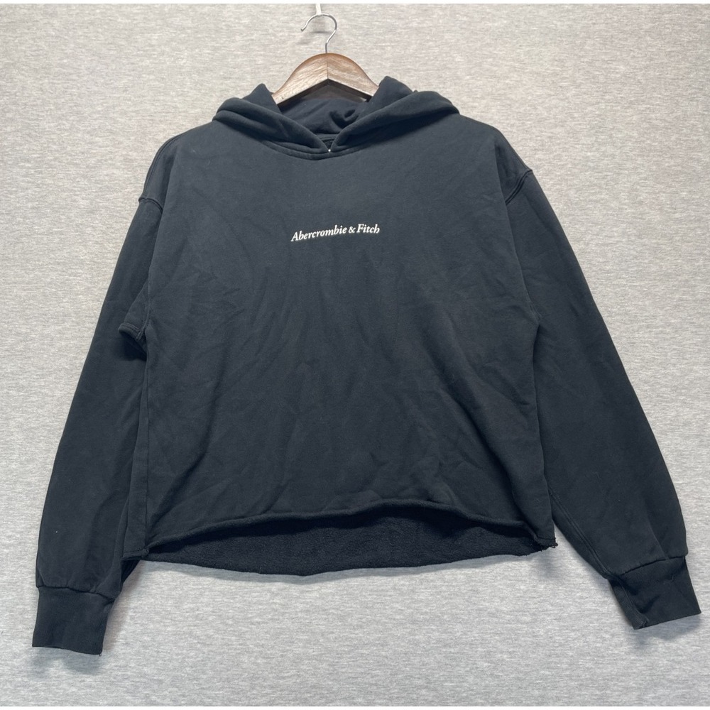 Abercrombie & Fitch Cropped Hoodie Womens Small Black Fleece Lined Ribbed Trim